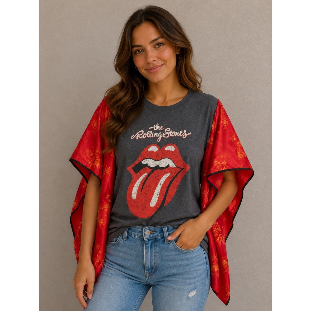 Rolling Stones Reworked Kimono Sleeve Graphic T-Shirt Custom Band Tee O/S